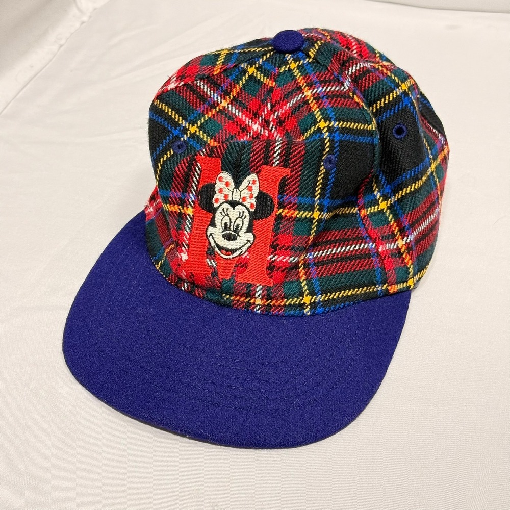Vintage Disney Minnie Mouse Plaid Wool Blend Strapback Hat Multi Color Purple